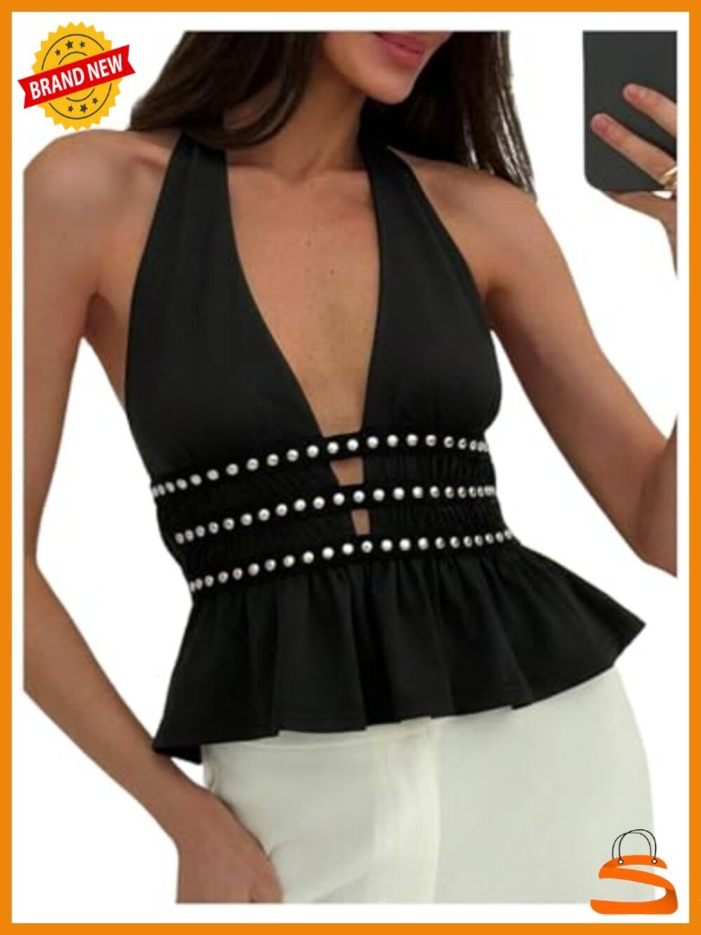 Rivet Backless Halter Top Ruffle Sleeveless Peplum Y2K Clubwear